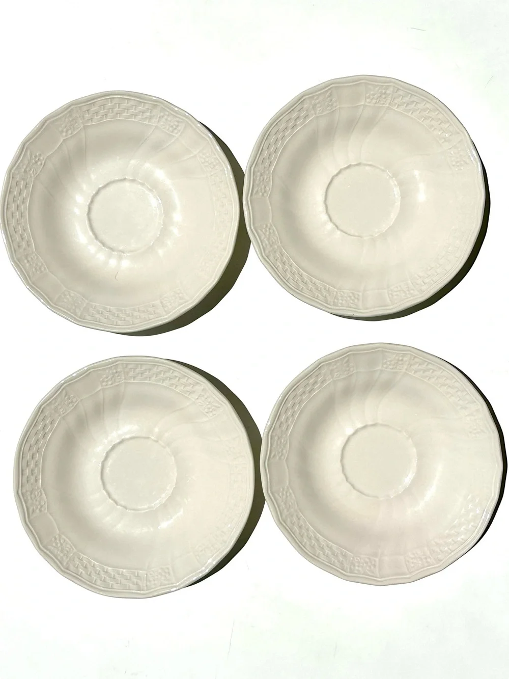 4 Mikasa Renaissance White Embossed Porcelain Saucers 6.5” - Classic Home Dining